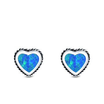 Heart Stud Earrings Lab Created Blue Opal 925 Sterling Silver (6mm)
